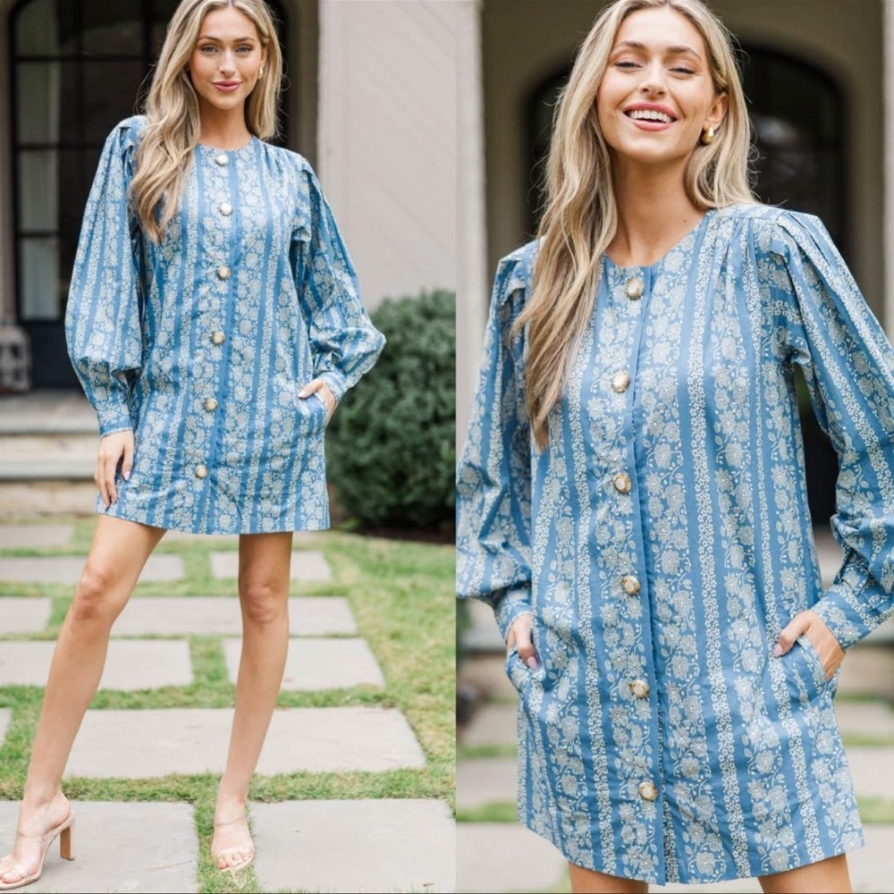 Mint Blue Floral Stripe Mini Dress